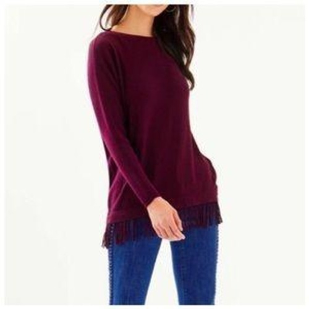 Lilly Pulitzer Glenda Sweater Burgundy Long Sleeve Fringe Hem Top‎ Womens XS